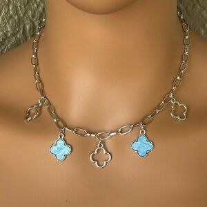 Trendy Silver and Blue Clover Charm Necklace